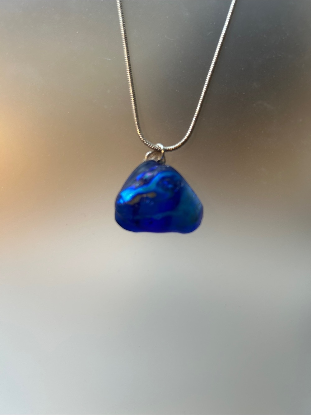Blue Glass Nugget Pendant Necklace -handmade by me